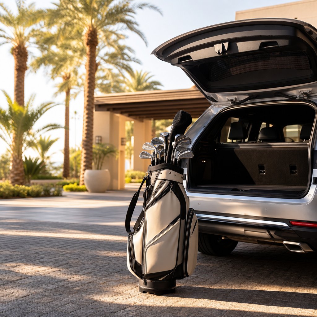Golf clubs ready by an open SUV trunk in a sunny resort driveway