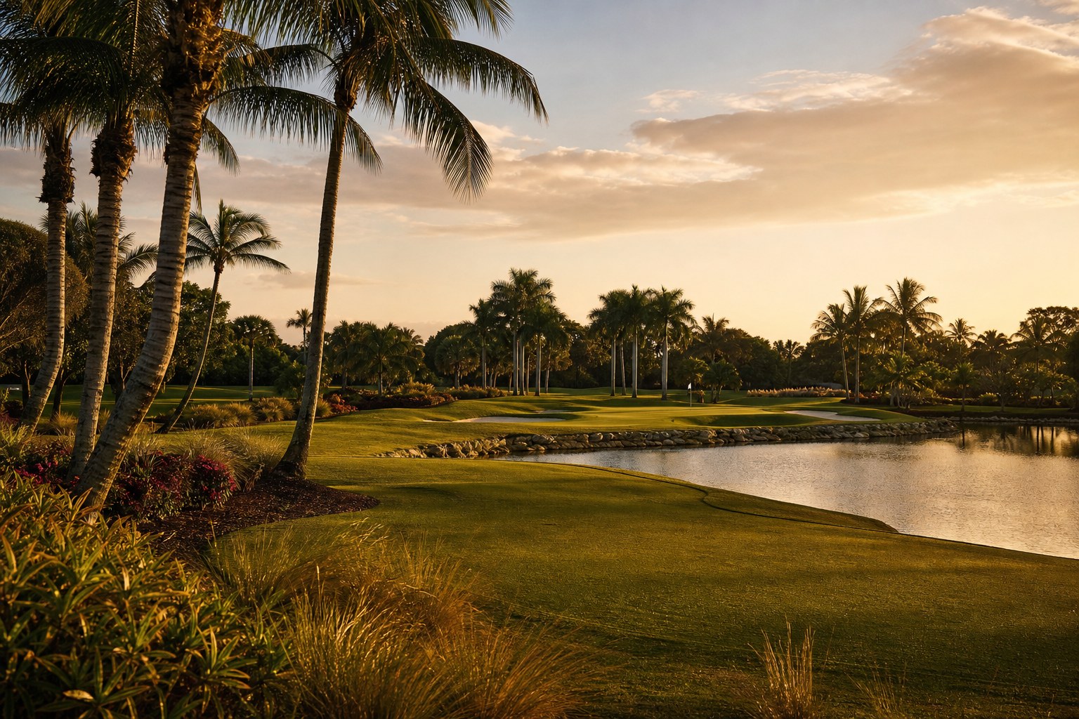 A South Florida golf course fairway lined with palm trees at golden hour