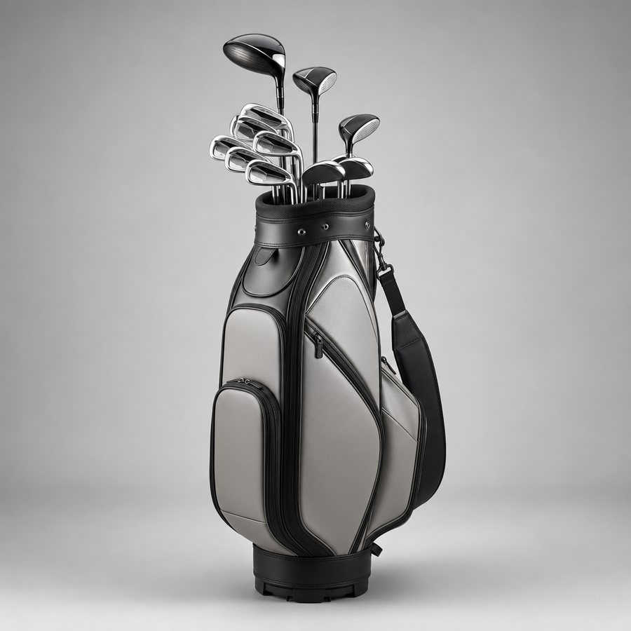 A full golf bag of premium clubs standing upright