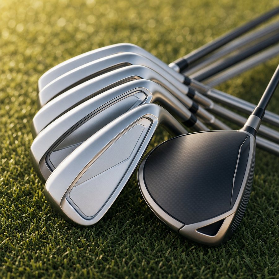 A fan of golf irons and a driver resting on green turf