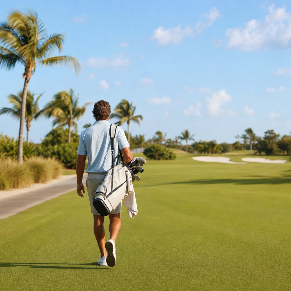 A golfer walking a sunlit South Florida fairway carrying a light bag